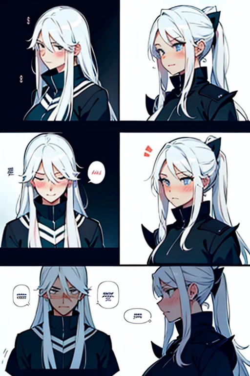 Girl with long white hair blushing, manga page with panels and dialogue