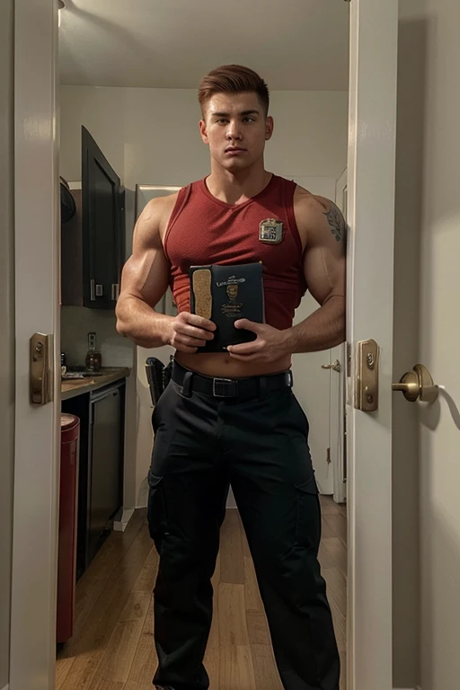 ((best quality)), ((masterpiece)), (detailed), perfect face, attractive man, muscular, 20 years old, short red hair, cute jock, full body, bodybuilder, aggressive aura, arrogant, full police officer uniform, standing in doorway showing a warrant of arrest, fully clothed in police attire