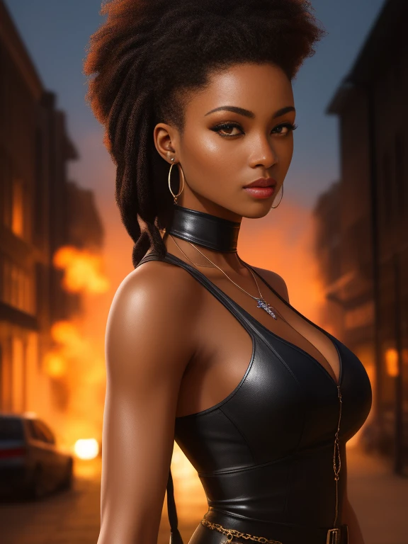 masterpiece, top quality, Details, black woman, African woman with medium sized natural breasts, hunter, very dark skin, warrior, Modern, whole body, Sensual Eyes, dagger in hand, City Building, realistic, game avatar, sexual pose, brown leather clothes, silver bullet necklace, multiple ear piercings, long, thickly braided, tar-colored hair, large sparkling golden brown eyes, sexual, Hot model