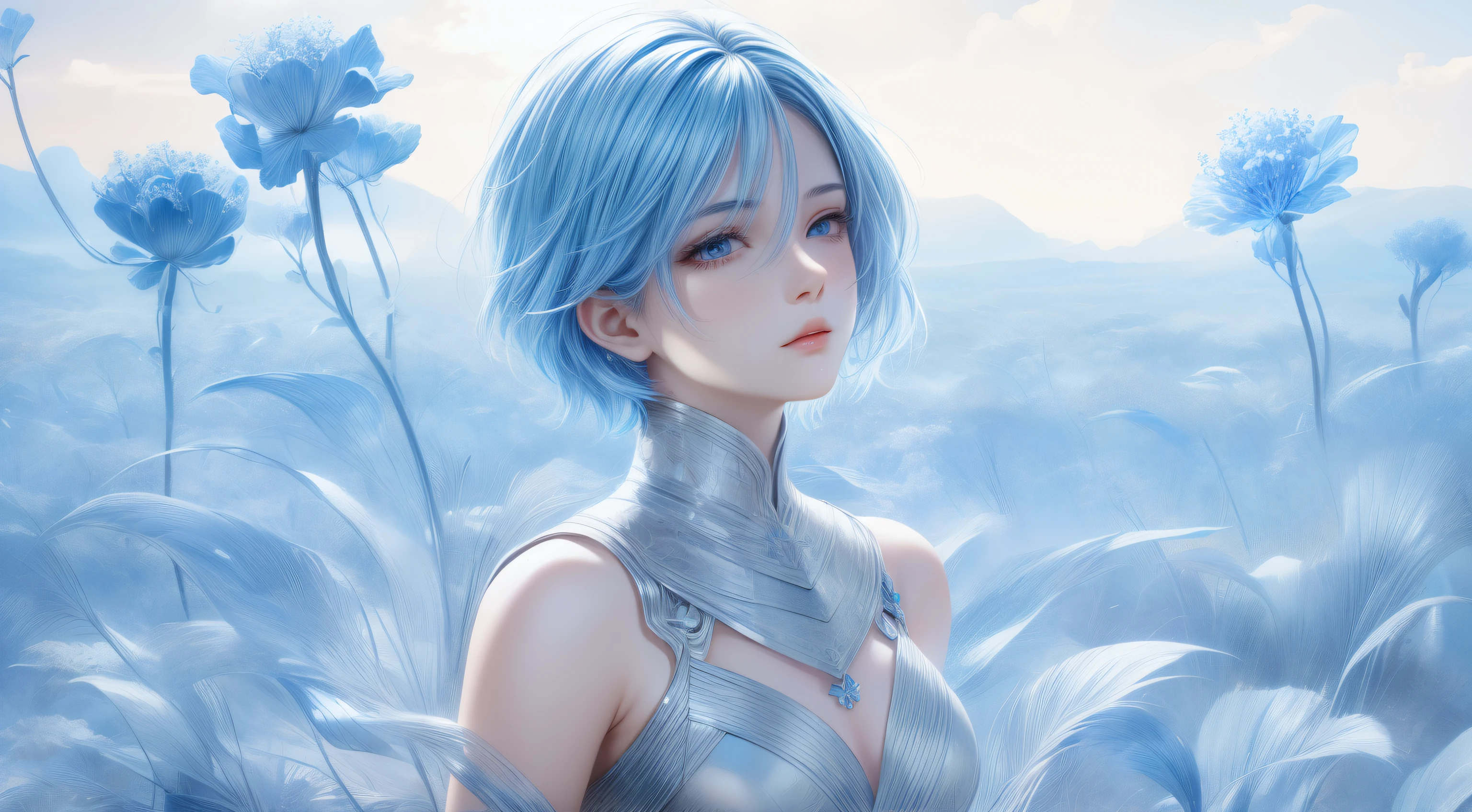 high quality,1 girl，short hair, Super detailed CG illustration of a young man with a calm expression, Stare into the distance，His striking light blue hair blew gently in the desert breeze. The landscape behind him is vast and stunning, Taking viewers into a world of wonder and discovery.More ideas