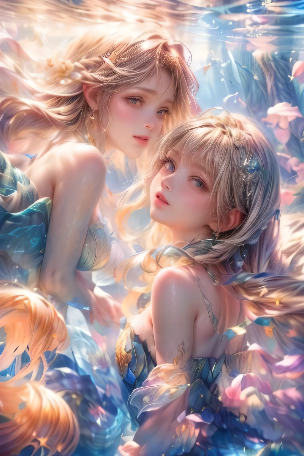 (masterpiece, best quality:1.4), (8K), Young blonde beauty, (((2 girls in love, 18 years old, neat girl))), detailed blue eyes, long eyelashes, blush, kind smile, horny, upper body, topless, small ass, slender thin legs, vagina, (looking at viewer) (close up), beautiful blonde short hair, white-skinned, straight bangs, pigtails, squeezing, on top of each other, kissing (medium size breasts), (mushroom forest, celestial forest, beautiful and magnificent pink sunshine, majestic sky), natural light)
