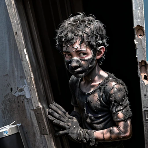 A little boy is left covered in soot and in tatters after a gunpowder explosion in a comedy movie