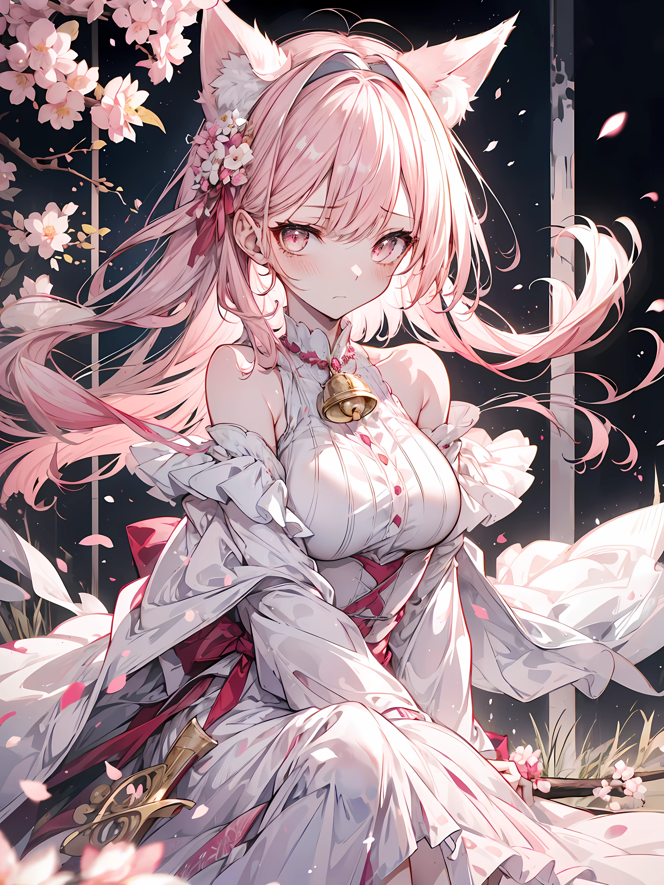 hairy, Pink fur, Off-the-shoulder white translucent morning dress, sit on the grass, Cherry blossom forest background, gold slit pupil, blushing:1, hair between eyes, pink hair, gradient hair, hair past shoulders, wet hair, shiny hair, bell, trumpet, forehead gem, lolitahairband, eye reflex, shed tears, slit pupil, fox ears, wolf ears, Awkward, blush, saliva, full blush, panicked, despair, full-face blush, realism, Ultra-realism, Ray tracing, reflected light, backlight, Fuji color, Bokeh, ultra high definition, retina, anatomically correct, Super details, best quality, high resolution