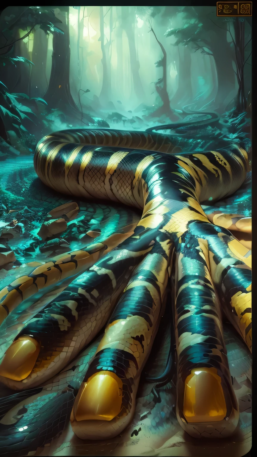 there is a snake that is laying on the ground with its claws spread out, snake art, snake is surrounding them, coiled realistic serpents, ultra realistic!!!, tubular creature, snake body, amazing art, an amalgamation of a snake, long claws, amazing artwork, giant snake, realistic paint job, very close to real nature, hyperrealistic!