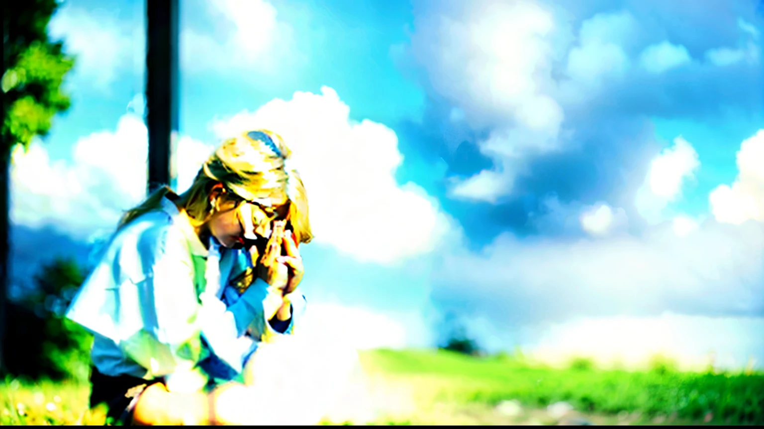 a 25-year-old girl praying on his knees and holding hands in prayer, slightly blurred cloud background, close-up of a man wearing a white shirt, eyes closed, blond hair, detailed face, natural lighting, realistic, cinematic, --ar 16:9