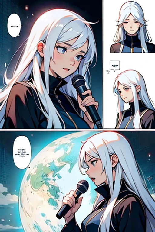 Girl with long white hair singing sadly, manga page with panels and dialogue