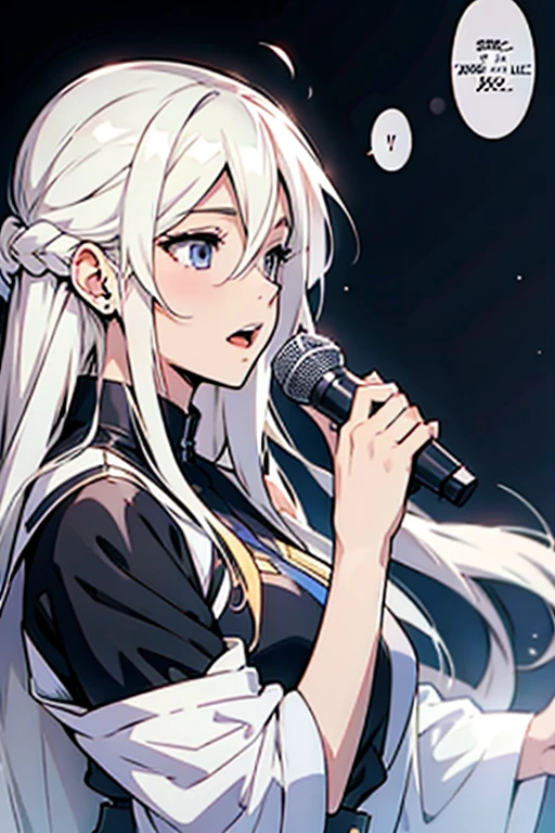 Girl with long white hair singing sadly, manga page with panels and dialogue 