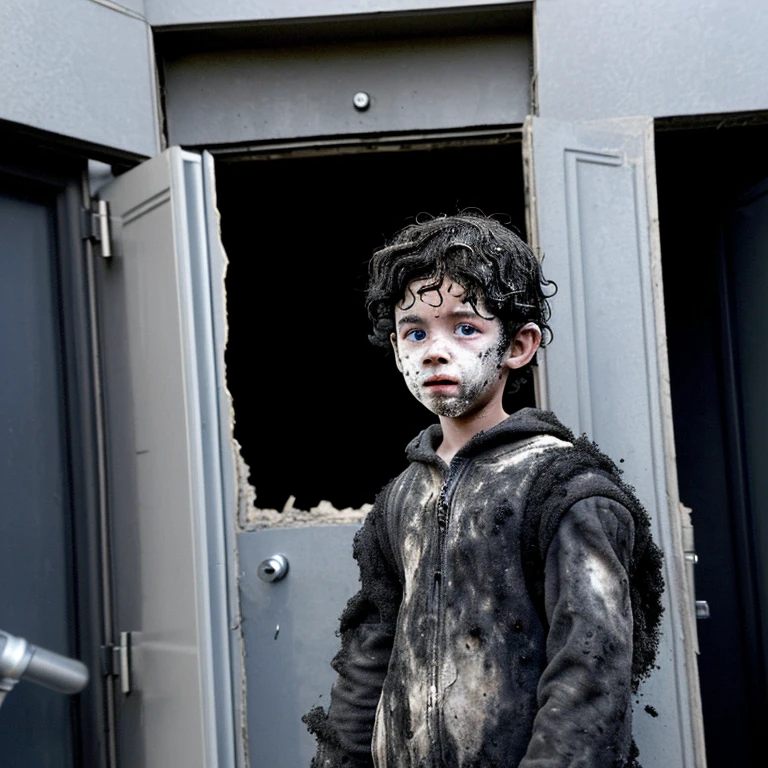 Close-up of a young boy covered in soot emerging from a building entrance after being caught in an explosion during the filming of a comedy movie