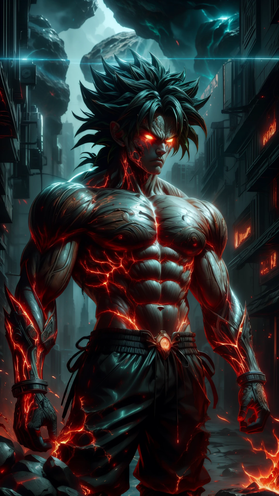 (absurdres, highres, ultra detailed)(masterpiece), (extremely intricate:1.3), (realistic),cyberpunk city,Cinematic Lighting,4k,(masterpiece), (1Broly:1.2),upper body, nvwashireg, burnt clothes,(glowing skin:1.3),(((molten rock skin)))