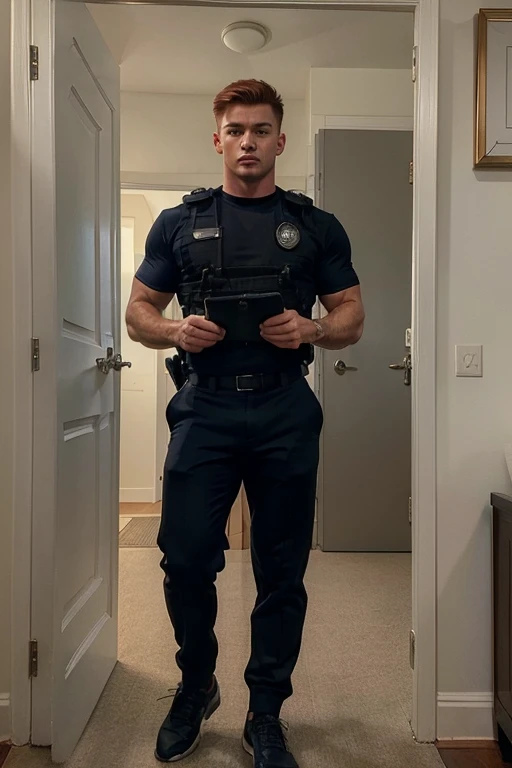 ((best quality)), ((masterpiece)), (detailed), perfect face, attractive man, muscular, 20 years old, short red hair, cute jock, full body, bodybuilder, aggressive aura, arrogant, full police officer uniform, standing in doorway showing a warrant of arrest, fully clothed in police attire, navy slacks