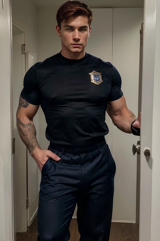 ((best quality)), ((masterpiece)), (detailed), perfect face, attractive man, muscular, 20 years old, short red hair, cute jock, full body, bodybuilder, aggressive aura, arrogant, full police officer uniform, standing in doorway showing a warrant of arrest, fully clothed in police attire, navy slacks