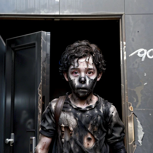 A close-up of a boy covered in soot coming out of the entrance of a building after being caught in an explosion during the filming of a comedy movie