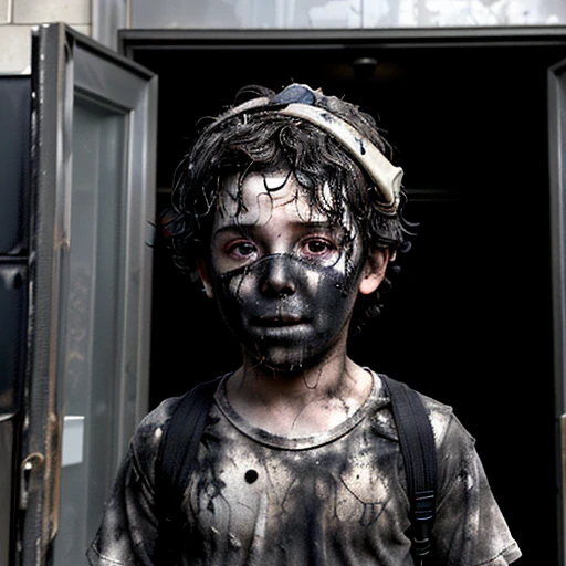A close-up of a boy covered in soot coming out of the entrance of a building after being caught in an explosion during the filming of a comedy movie
