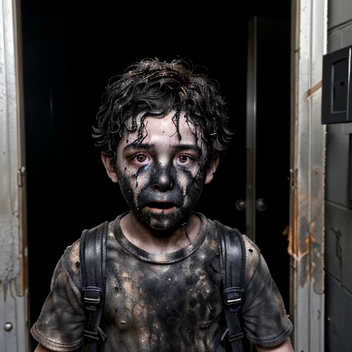 A close-up of a boy covered in soot coming out of the entrance of a building after being caught in an explosion during the filming of a comedy movie