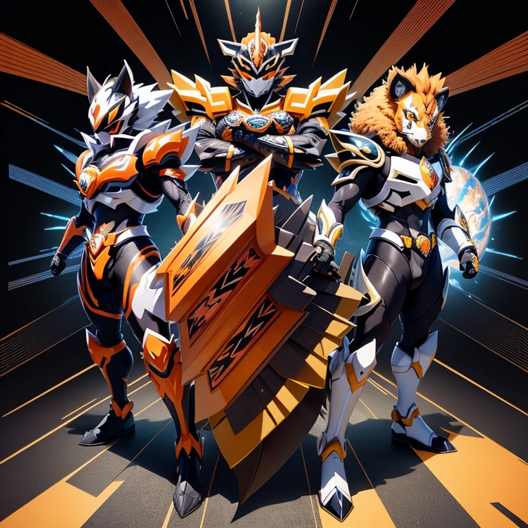 Kamen Rider, special effects, Toei, Shincho hybrid warrior, male, mega legend, similar to Pokemon, official art, illustrated Pokemon, Pokemon style, Ken Sugimori art, evolution Pokemon like lion and sun, written by Ken Sugimori, Pokemon concept design, lion concept design, Solgaleo concept design, white and black armor with orange lines