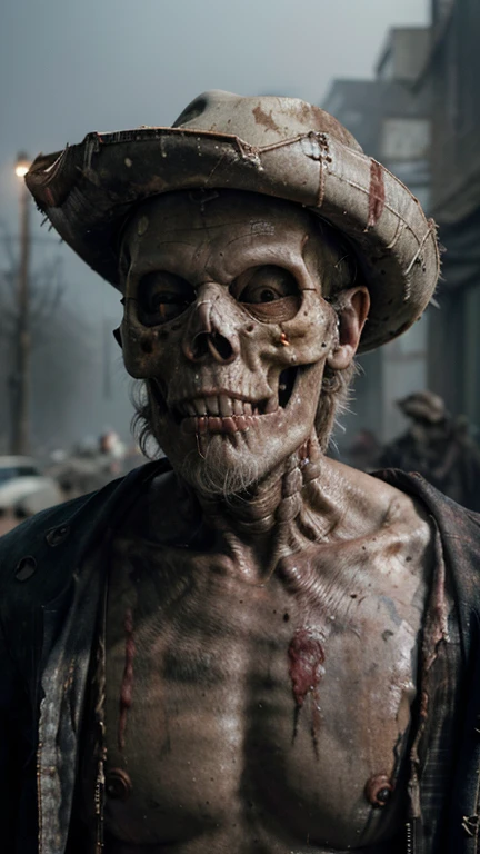 Older zombie man, male, extremely older male figure, ((skull face)), dreary, magnificent, foggy, fog atmosphere, at night, ((RAW photo, 4K, Realistic, Exquisitely Detailed Skin)), Masterpiece, Best quality, offcial art, Unity 8k wallpaper, Ultra detailed , (detaile zombie face), ((bloody mouth)), rincled skin, (decay skin), ((pealing off skin)), ((detailed skull under skin)), detailed decay skin, looking at the camera, ((white long beard)), dirty red and black flannel shirt, old black cowboy hat, ((black cowboy hat)), masterpiece, best quality, extremely detailed eyes, cinematic lightning, intricate detail, highres, official art, finely detailed face, high resolution illustration, 8k, depth of field, ((zombie)), short white hair and blue eyes, short white hair, detailed blue eyes, chaotic city, whole body, looking at viewer, post apocalyptic background, zombie decay skin, detailed face decay, decay, terror,((skull decay face)) scary looking, extremely detailed eyes, extremely realistic photo, extreme terror, ((long white beard)), older male zombie (((bloody mouth))) ,( kitchen knife across the head)