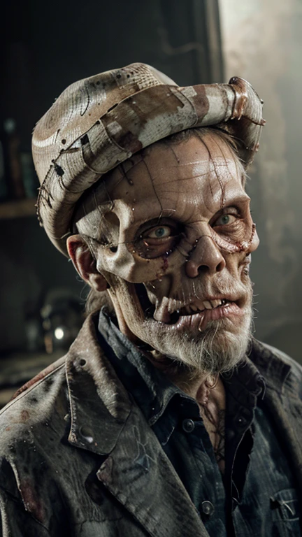 Older zombie man, male, extremely older male figure, ((skull face)), dreary, magnificent, foggy, fog atmosphere, at night, ((RAW photo, 4K, Realistic, Exquisitely Detailed Skin)), Masterpiece, Best quality, offcial art, Unity 8k wallpaper, Ultra detailed , (detaile zombie face), ((bloody mouth)), rincled skin, (decay skin), ((pealing off skin)), ((detailed skull under skin)), detailed decay skin, looking at the camera, ((white long beard)), dirty red and black flannel shirt, old black cowboy hat, ((black cowboy hat)), masterpiece, best quality, extremely detailed eyes, cinematic lightning, intricate detail, highres, official art, finely detailed face, high resolution illustration, 8k, depth of field, ((zombie)), short white hair and blue eyes, short white hair, detailed blue eyes, chaotic city, whole body, looking at viewer, post apocalyptic background, zombie decay skin, detailed face decay, decay, terror,((skull decay face)) scary looking, extremely detailed eyes, extremely realistic photo, extreme terror, ((long white beard)), older male zombie (((bloody mouth))) ,( kitchen knife across the head)