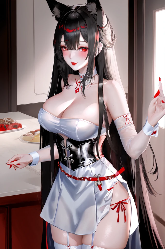 1 girl、red lips,White lace maid outfit white socks,Slim,Large Breasts,Facial details are very detailed, handcuffs,collar,Black long hair, Charming red eyes, Fox ears, Ridiculously big, Radiant Skin,Standing on the dining table,Dining room