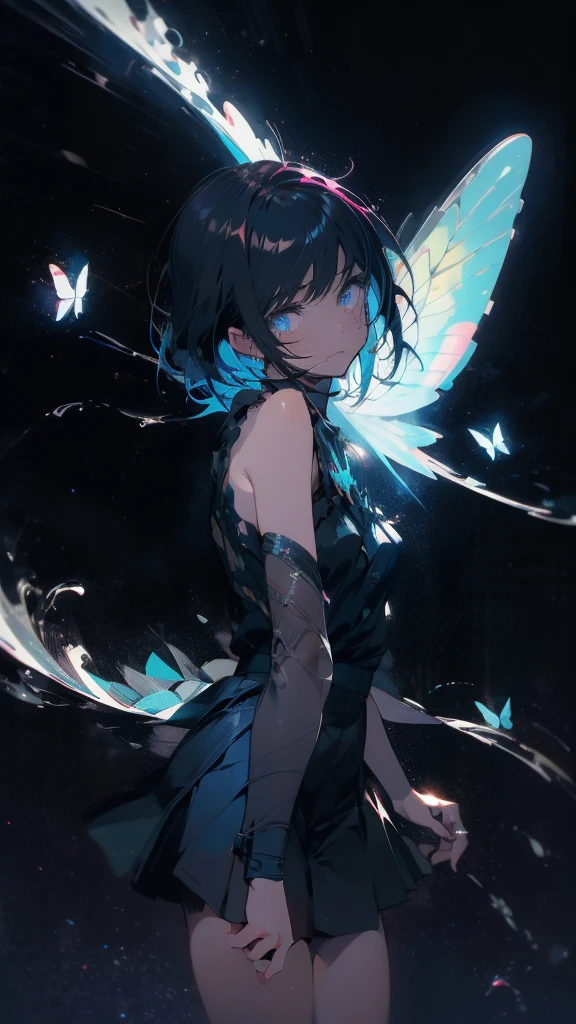 1 anime boy, alone,Black petals flutter, A mysteriously shining butterfly.city,thin legs,Gloomy cloudy sky,sad expression,very clear,highest quality,city,standing on the street corner,Are crying,tears,close up of face,
,The world in the book,NO human