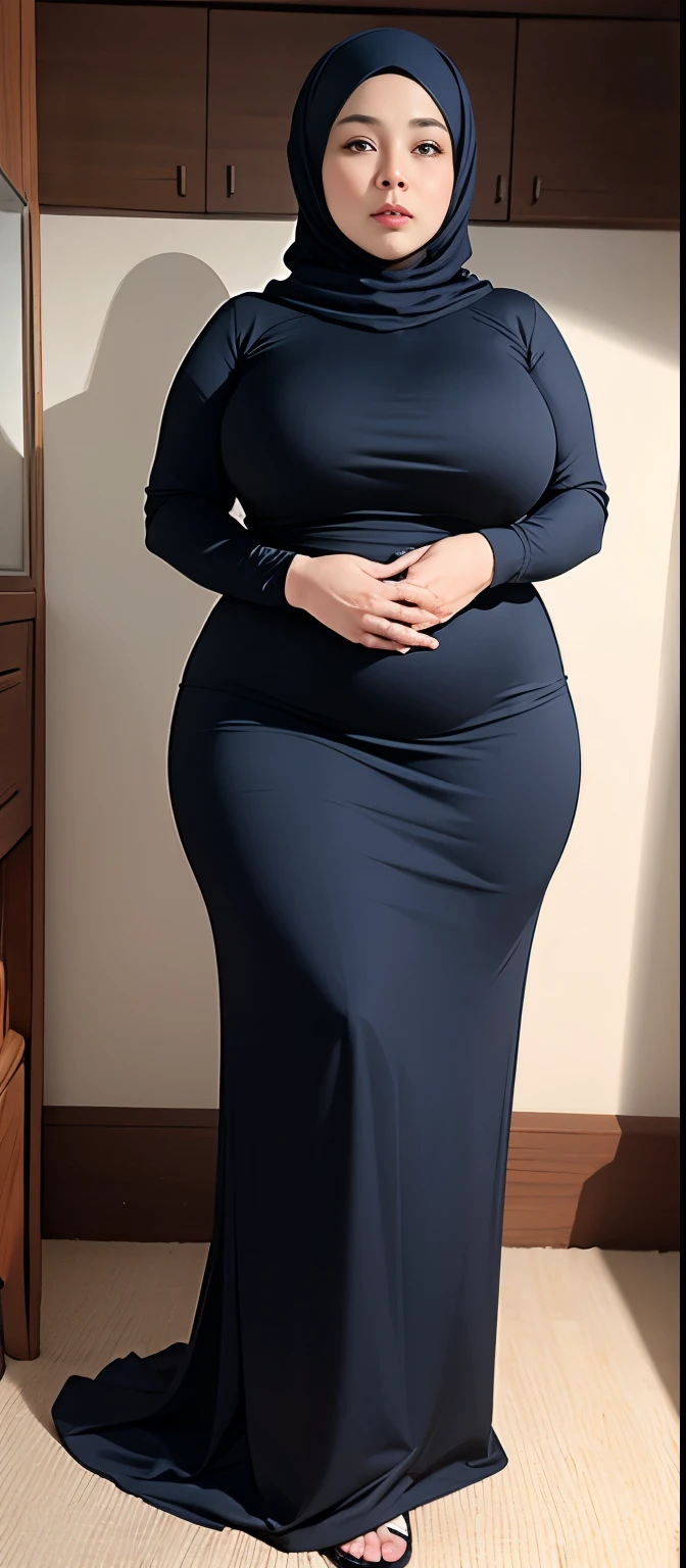 Chubby woman with fat belly and tight thighs, full body, 50-year-old mature woman, thick hips, thick neck, thick chest, big eyes, wearing a longest dress, wearing a hijab, hijabi woman