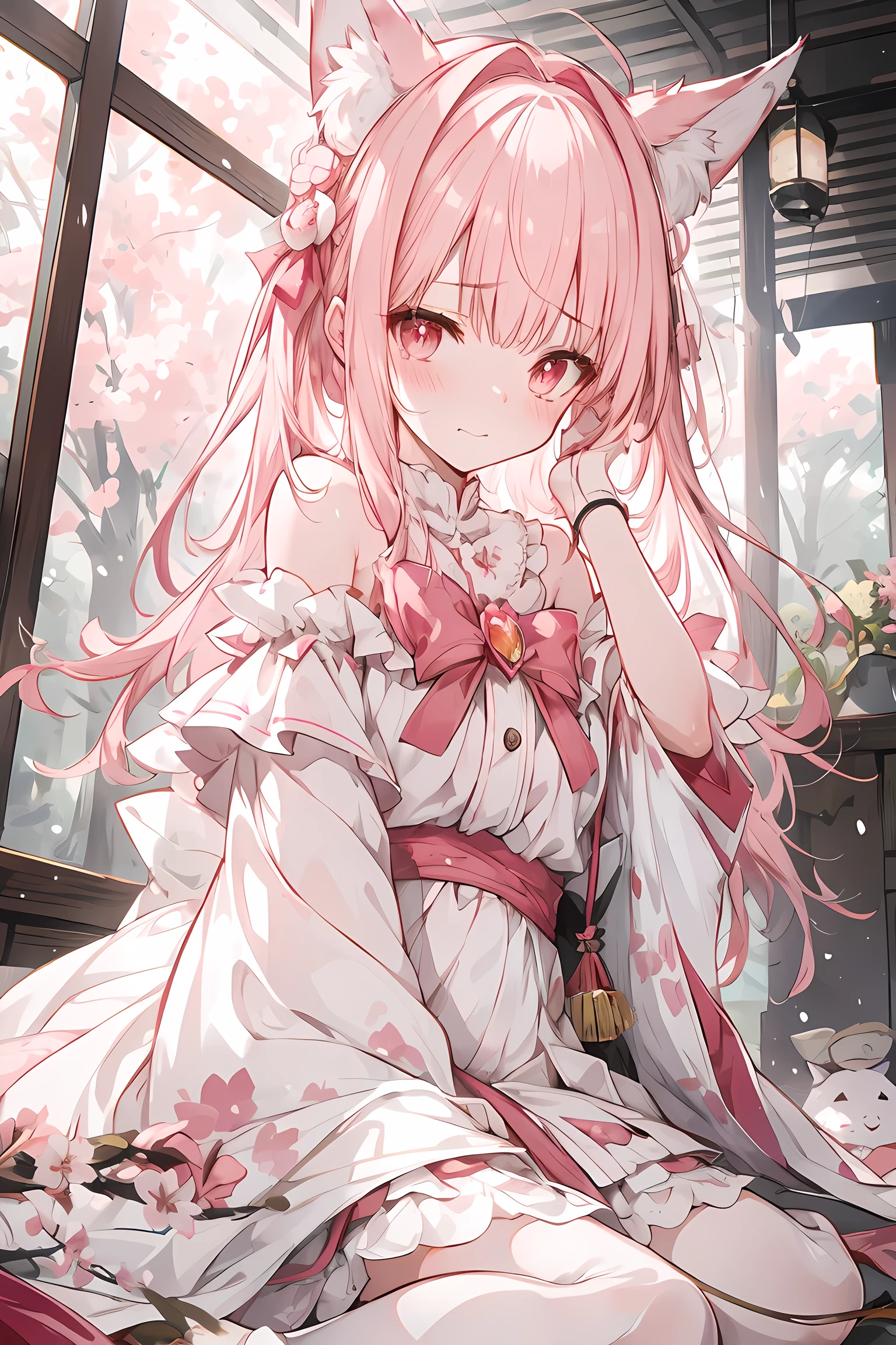 hairy, Pink fur, Off-the-shoulder white translucent morning dress, sit on the grass, Cherry blossom forest background, gold slit pupil, blushing:1, hair between eyes, pink hair, gradient hair, hair past shoulders, wet hair, shiny hair, bell, trumpet, forehead gem, lolitahairband, eye reflex, shed tears, slit pupil, fox ears, wolf ears, Awkward, blush, saliva, full blush, panicked, despair, full-face blush, realism, Ultra-realism, Ray tracing, reflected light, backlight, Fuji color, Bokeh, ultra high definition, retina, anatomically correct, Super details, best quality, high resolution