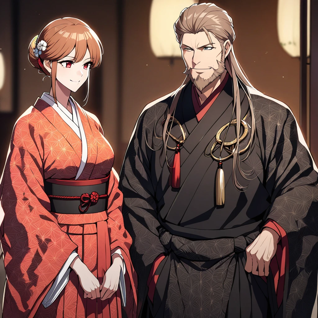 ((highest quality)), ((masterpiece)), (detailed), (Perfect Face)、(The woman is Princess Leona, with long, straight light brown hair, a slender figure but average breasts, a gentle smile, and is in a luxurious samurai mansion. She is the wife of Oda Nobunaga, and is wearing a gorgeous, brightly colored, patterned, and embroidered uchikake kimono befitting a wife, with her hair in a Japanese hairstyle, a gorgeous comb, and gorgeous accessories from the Edo period.)、The man and woman are close together, the husband is 60 and the wife is 32.、The man is Oda Nobunaga, a dignified man with a beard, wearing a formal crested hakama.