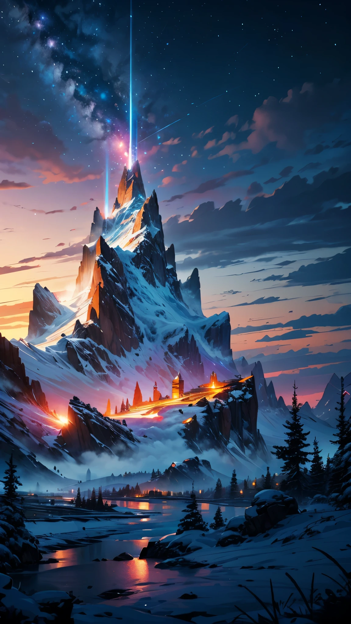 An amazing natural phenomenon in the night sky. Vibrant colors can light up dark skies. In the foreground, a snow-covered mountain can be seen, which adds to the beauty of this scene. Farther away from the beach, there are more mountains that appear blurry due to their distance from us, and he will probably capture this amazing view for himself, (Digital: 1.0), Epic Composition, Realistic Lighting, High-Resolution Details, Masterpiece, Best Quality, (Unified CG Background Highly detailed 8K resolution))