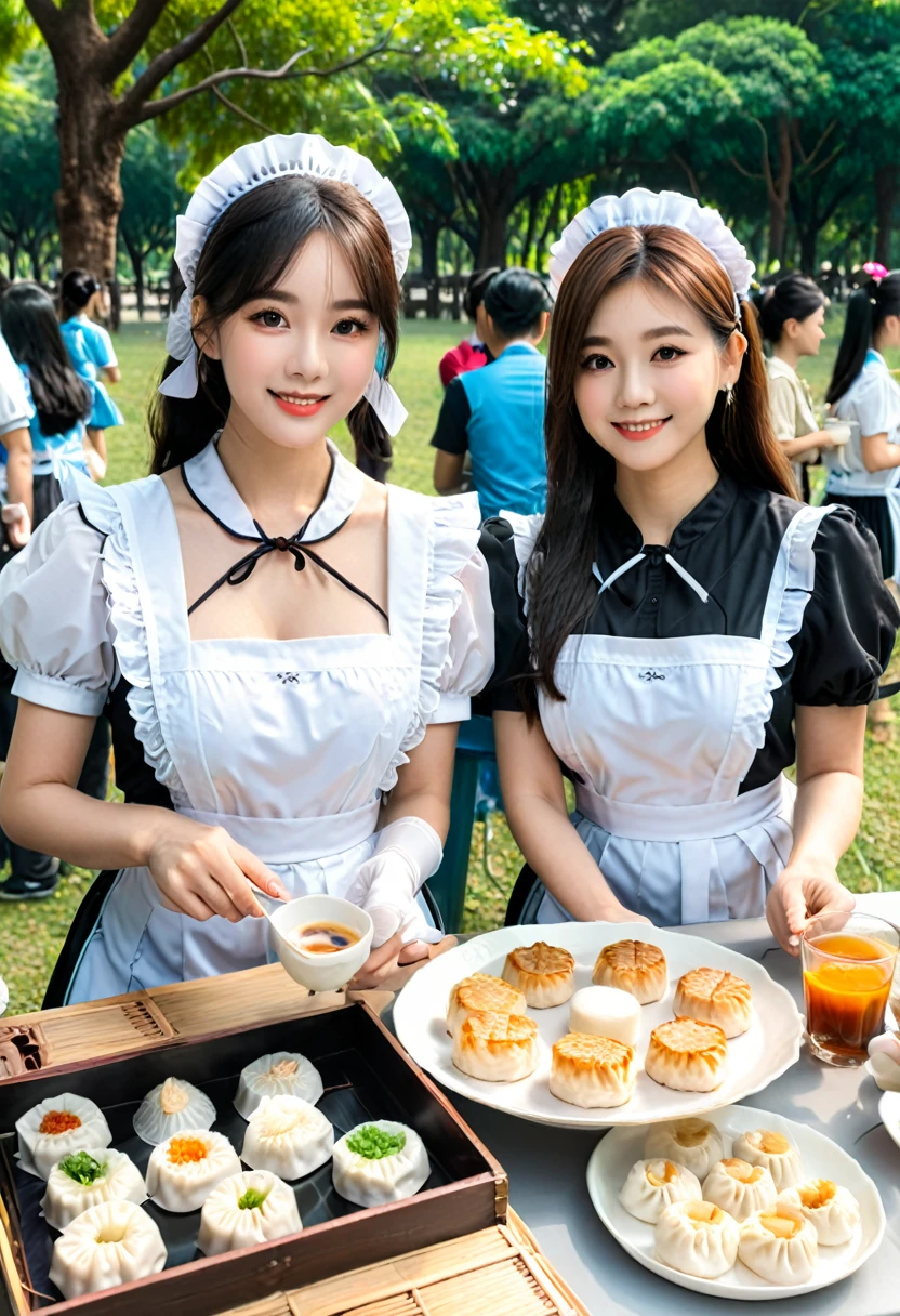 A group of volunteers held a "Maid and Coffee" event in the park over the weekend. Dressed in sweet style maid clothes, they sell hand-made Dim sum and drinks, attracting many citizens to stop and participate, (masterpiece, best quality, Professional, perfect composition, very aesthetic, absurdres, ultra-detailed, intricate details:1.3)