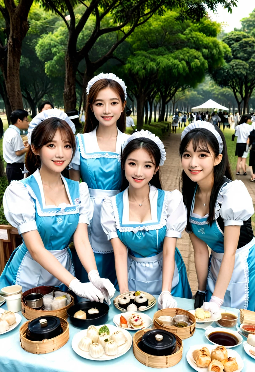 A group of volunteers held a "Maid and Coffee" event in the park over the weekend. Dressed in sweet style maid clothes, they sell hand-made Dim sum and drinks, attracting many citizens to stop and participate, (masterpiece, best quality, Professional, perfect composition, very aesthetic, absurdres, ultra-detailed, intricate details:1.3)