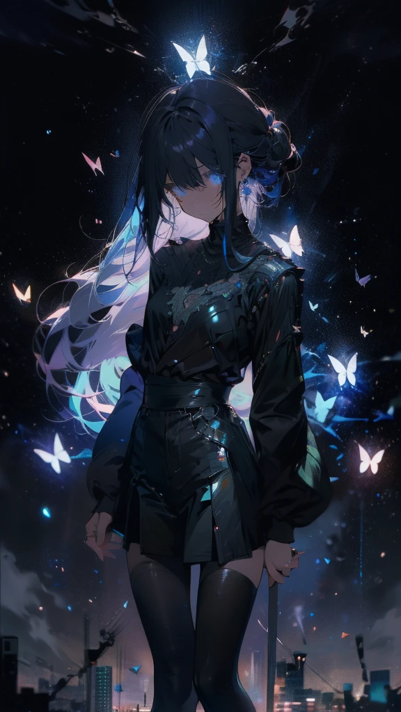 1 anime boy, alone,Black petals flutter, A mysteriously shining butterfly.city,thin legs,Gloomy cloudy sky,sad expression,very clear,highest quality,city,standing on the street corner,Are crying,tears,close up of face,
,Look up at the stars