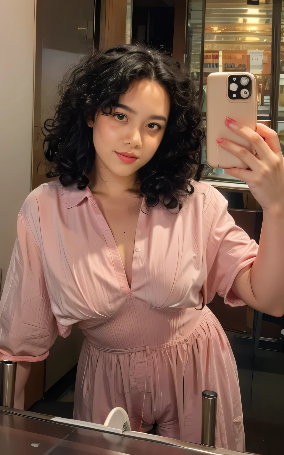 best quality, masterpiece, ultra details cute girl, (realistic:1.2),(brown eyes:1.3), 25years old, blush, parted lips, (showing panties back view, (looking back) , full body shot , hotel , curly hair, lilac lace bra and panties