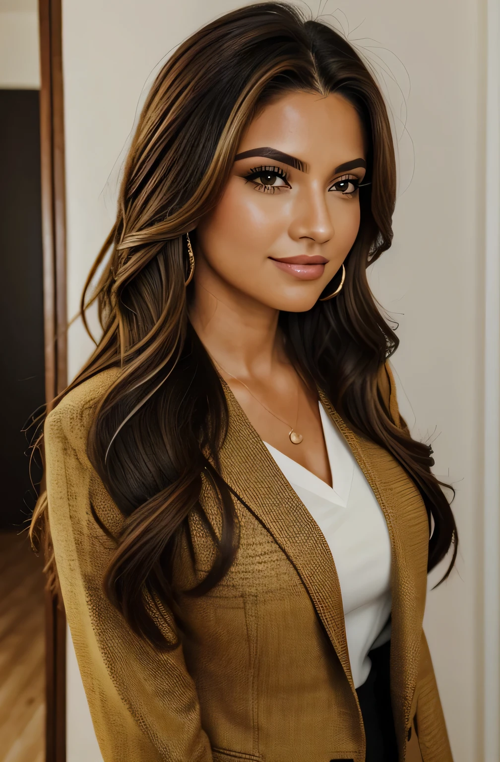 1 adult female, O de cabelos compridos, cabelo encaracolado, Cabelo escuro, pele lisa, olhos castanhos, sorriso, Vegetation, Idol, Business Woman Style Clothes, blazer marrom claro, realist, Tenha um fundo de jantar requintado, 8k super realista, super detalhado e realista