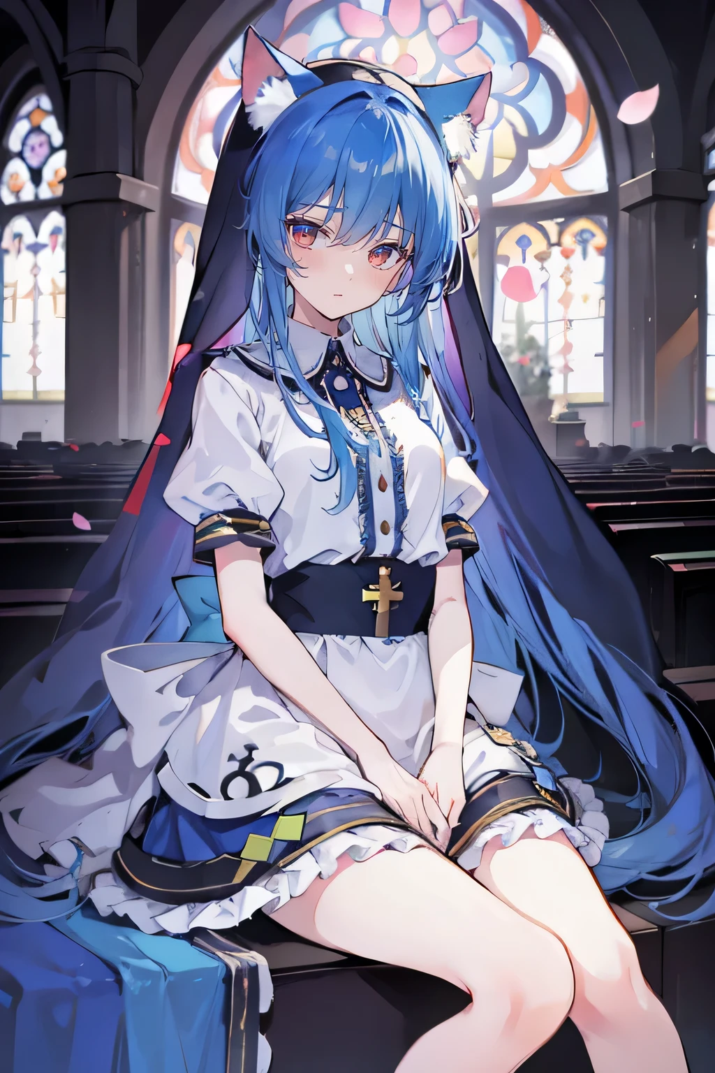 (masterpiece:1.2),Extremely detailed,Practical,expressive eyes,Fair skin,Perfect face shaping,1 Girl,
Japanese cartoons,Gorgeous blue hair, the long flowing blue hair,Floating clothes,Cat ears,Petals fall,beautiful lola,Angel,
Place your hands on your waist,sit elegantly on the ground,Cross your legs,Gentle and peaceful background,stately church,nun.