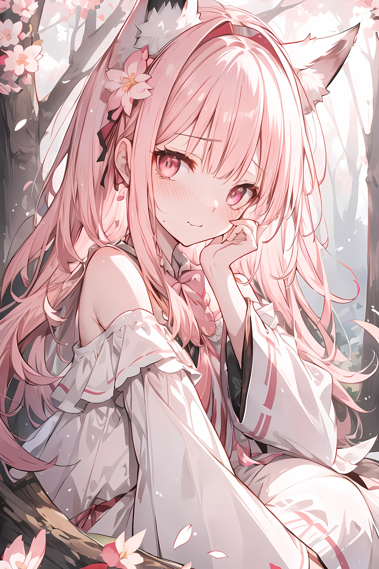 hairy, Pink fur, Off-the-shoulder white translucent morning dress, sit on the grass, Cherry blossom forest background, gold slit pupil, blushing:1, hair between eyes, pink hair, gradient hair, hair past shoulders, wet hair, shiny hair, bell, trumpet, forehead gem, lolitahairband, eye reflex, shed tears, slit pupil, fox ears, wolf ears, Awkward, blush, saliva, full blush, panicked, despair, full-face blush, realism, Ultra-realism, Ray tracing, reflected light, backlight, Fuji color, Bokeh, ultra high definition, retina, anatomically correct, Super details, best quality, high resolution