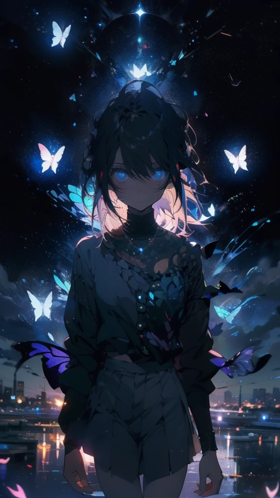 1 anime boy, alone,Black petals flutter, A mysteriously shining butterfly.city,thin legs,Gloomy cloudy sky,sad expression,very clear,highest quality,city,standing on the street corner,Are crying,tears,close up of face,
,Look up at the stars