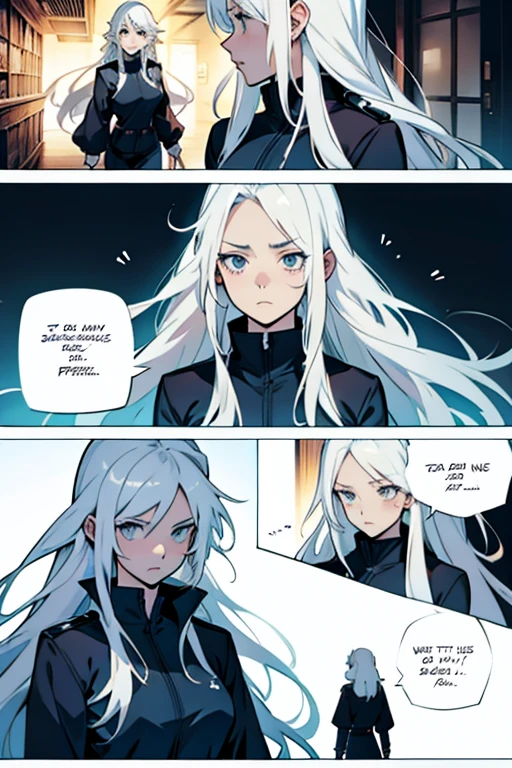 Girl with long white hair panicking, manga page with panels and dialogue