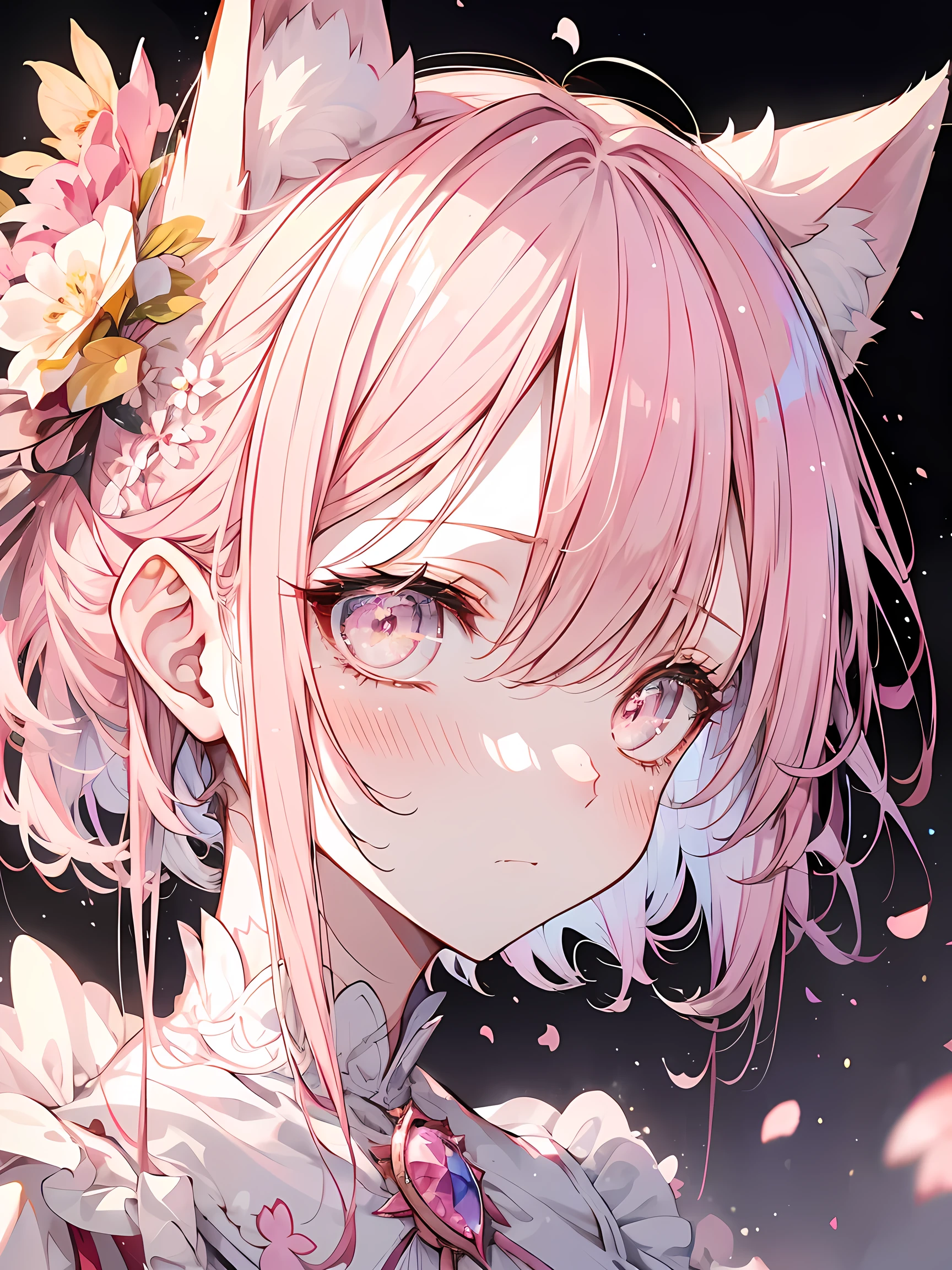 hairy, Pink fur, Off-the-shoulder white translucent morning dress, sit on the grass, Cherry blossom forest background, gold slit pupil, blushing:1, hair between eyes, pink hair, gradient hair, hair past shoulders, wet hair, shiny hair, bell, trumpet, forehead gem, lolitahairband, eye reflex, shed tears, slit pupil, fox ears, wolf ears, Awkward, blush, saliva, full blush, panicked, despair, full-face blush, realism, Ultra-realism, Ray tracing, reflected light, backlight, Fuji color, Bokeh, ultra high definition, retina, anatomically correct, Super details, best quality, high resolution