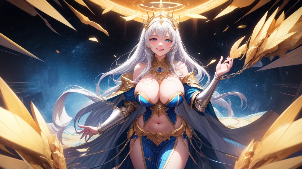 ((best quality)), ((masterpiece)), (detailed), perfect faceWoman in a golden transparent dress, (((Large Breasts))), Slim waist, (Navel exposed, Bare waist), long hair, extreme detailed details, Heavy rain scene, Detailed fantasy art, Stunning character art, Beautiful and exquisite character art, Beautiful gold and silver armor, Very detailed, girl in shining armor, Exquisite headpieces and jewellery, crystal jewelry filigree, Galaxy, Stunning visuals, (Dynamic Stripes, light track:1.2), Vibrant colors, halo, crown, glowing eyes, heterochromia, heart-shaped eyes, pink eyes, amber eyes, light smile, grin, heart in eye, saliva trail, Hyperrealism, Verism, Cubism, stereogram, anaglyph, Wide-Angle, Ultra-Wide Angle, wide shot, three sided view, first-person view, move chart, UHD, high details, highres, super detail, textured skin