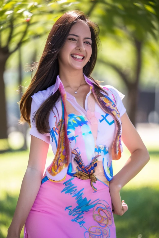 1girl, (uniform_doodle, doodle), 18 years old, outdoors, detailed face, detailed eyes, medium breasts, flared_skirt as material, (open shirt:1.5). ((braless:1.5)), shiny skin, looking at the audience, (laughing cute: 1.2), (happy smile), (8k, RAW photo, best quality, masterpiece: 1.2), (realistic, realistic: 1.37), ultra-high resolution