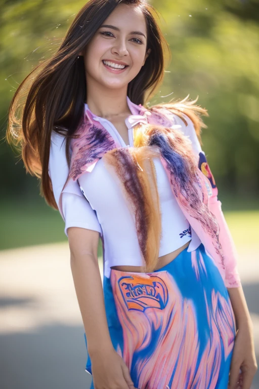 1girl, (uniform_doodle, doodle), 18 years old, outdoors, detailed face, detailed eyes, medium breasts, flared_skirt as material, (open shirt:1.5). ((braless:1.5)), shiny skin, looking at the audience, (laughing cute: 1.2), (happy smile), (8k, RAW photo, best quality, masterpiece: 1.2), (realistic, realistic: 1.37), ultra-high resolution