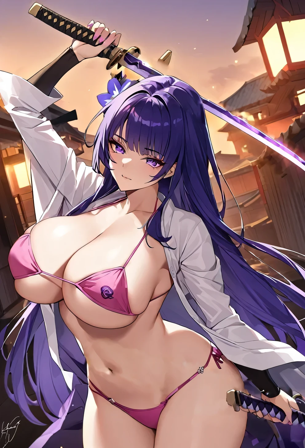 raiden, big breast teke off show bikini lact Pink underwear, katana long sword, shinobi, fan ,post breast