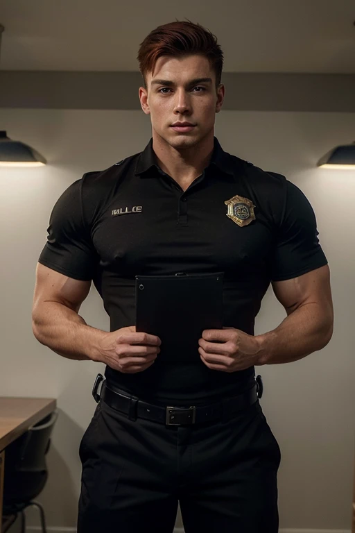 ((best quality)), ((masterpiece)), (detailed), perfect face, attractive man, muscular, 20 years old, short red hair, cute jock, full body, bodybuilder, aggressive aura, arrogant, full police officer uniform, biting a warrant of arrest, fully clothed in police attire, showing off muscles