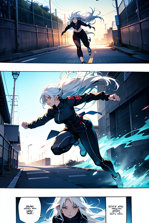Girl with long white hair running, manga page with panels and dialogue