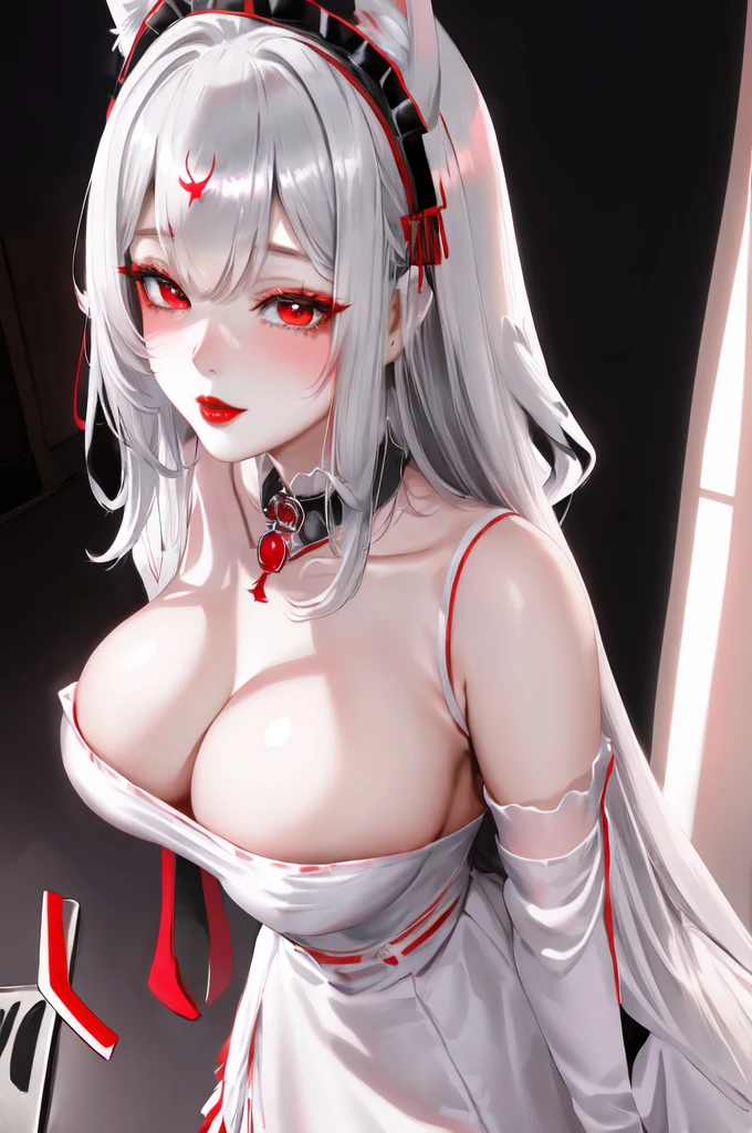 1 girl、red lips,White lace maid outfit,Maid headdress,Slim,Large Breasts,Facial details are very detailed, handcuffs,collar,Black long hair, Charming red eyes, Fox ears, Ridiculously big, Radiant Skin,Standing on the dining table,Dining room