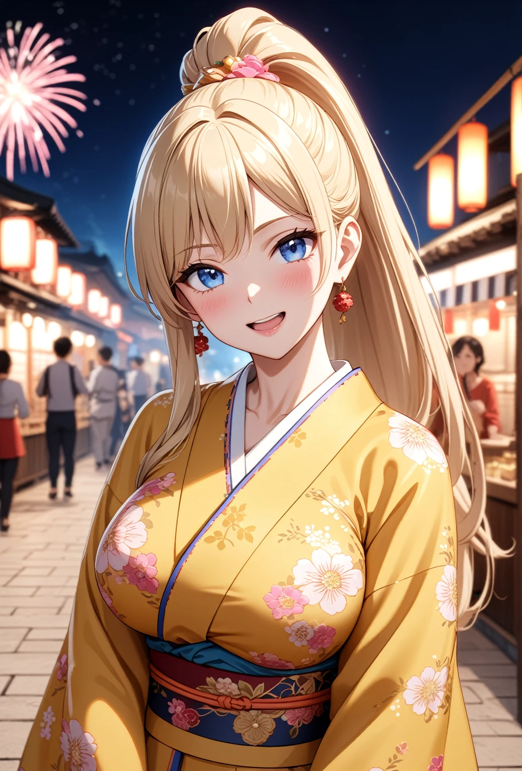 ((One woman)), Beautiful Face,Laughing embarrassedly,((Wink:1.6)),Laugh with a big mouth,Become bright red,Sweat on the face,Glossy pink lips,night,Shrine festival stalls,firework, ((Anime style background)),masterpiece, highest quality, so beautiful, up to date, Complex details, (Pink long nails),AI-generated, Complex,High resolution, highest quality, super high quality,3D Images、View the viewers、3D Images,one person,Long Blonde Hair,High Ponytail,blue eyes,Anime woman posing for a photo, [[Fine grain、Colorful eyes、Shining Eyes:1.15]],(Squint your eyes:1.1),a hyperRealistic , hyperRealistic , Realistic,Blonde anime woman with long hair, Smooth anime CG art, A woman in a colorful kimono with gold embroidery, (Yellow kimono),Pink floral pattern,Long flower hair ornament,Big earrings,(Large Breasts:1.2),Mature Body,tall,Big Ass,Fine details,Narrow waist,Six-pack,So I took the photo.,Exposed nipples,Arm around chest
