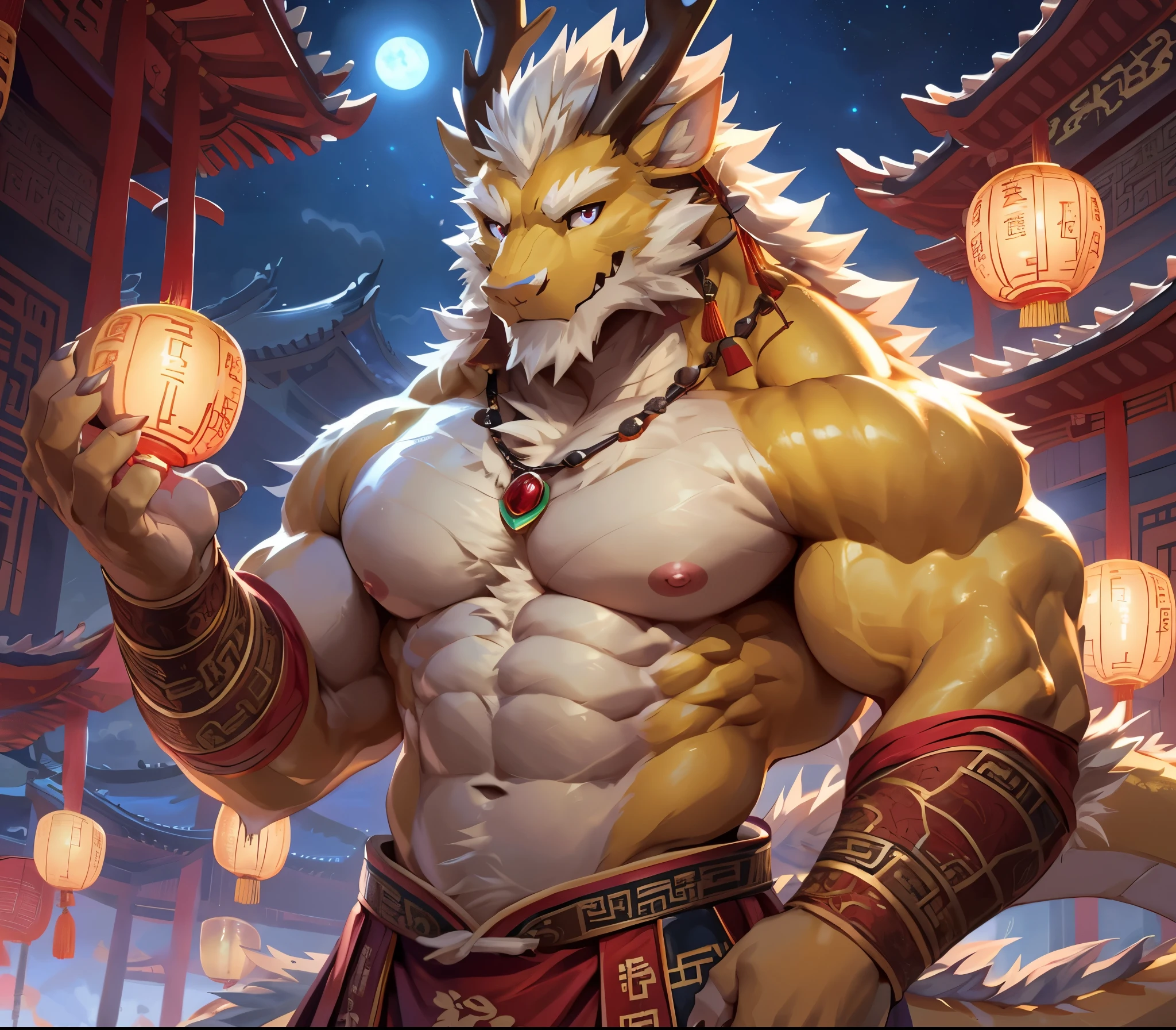 ((best quality)), ((masterpiece)), (ultra detailed),perfect face,antro oriental dragon:2.5, male , (((chinese dragon))):2.5, (((eastern dragon))):2.5,((yellow body)), (strong beefy muscular body), (abs, strongmuscles, 8 pack), furry, handsome,Beautiful and delicate eyes, (ultra detailed eyes, (mauve color):0.2 eyes, sharp eyes), night, detailed scene,full body, shirtless, topless, pink nipples, (by null-ghost,by traver009,by lindong,by pino daeni), (full body), wearing random pattern necklace, claws, ((fluffy fur, fluffy, furry body)), majestic, (a pair of dragon antler), upper body naked, muscular male, (loincloth, with purple pattern :0.8), big fellow, huge body, handsome,handsome, majestic, barbarous, anime, hairy, male, by the waterfall, bathing, full body,(Great physique), sweating:1.8