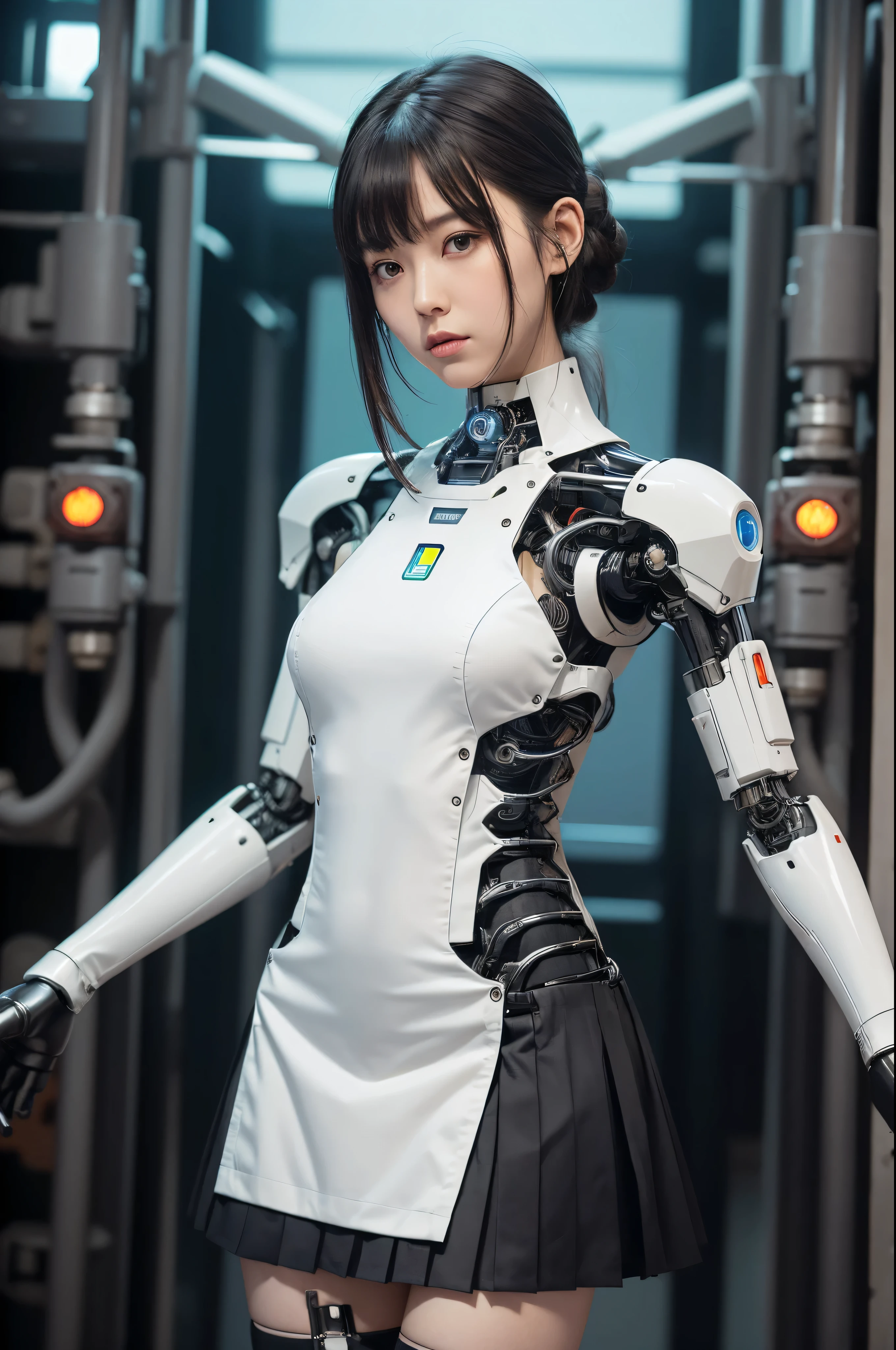 masutepiece, Best Quality, Extremely detailed, (Photorealistic:1.4),(Raw photo) (8K, 4K, Best Quality, hight resolution, 超A high resolution:1.1), (masutepiece, Realistic, Photorealsitic:1.1), 1girl in, Japaese Cyborg Girl,Plump ,Navy Pleated Mini Skirt,Black tights,control panels,android,Droid,Mechanical Hand, ,clothes with a sense of mechanical technology, Robot arms and legs, Black Robot Parts,Black hair,Mechanical body,Blunt bangs,White abdomen,White Robotics Parts,tube dress,perfect robot woman,The laboratory of the future,cyberpunked,Charging spot,android factory,Robot Factory,cyborg factory,Long Tube,A thick cable connects her neck,ceramic body ,complete eyes,Striking eyes,Mechanical body, head antenna,lod antenna on the head,mechanical ear covers,android,robot humanoid,