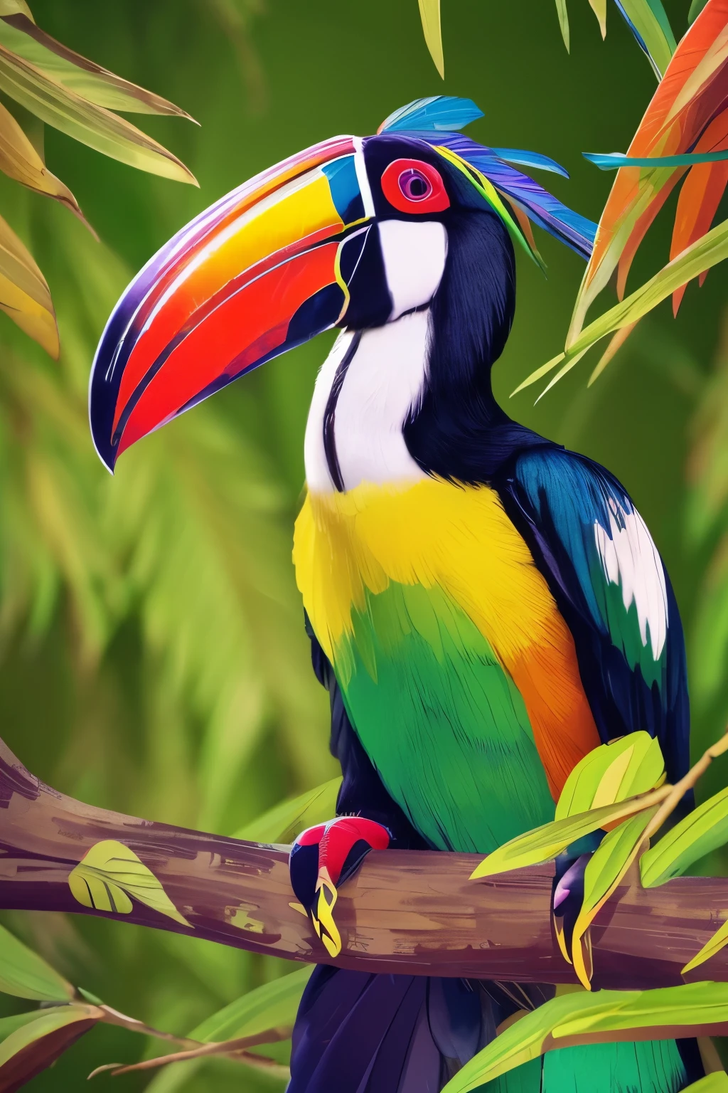 A colorful toucan wearing a crown sits on a branch, Illustration by Nandor Katona, Shutterstock, Art Deco, Highly detailed illustration.”, Wearing a crown of bright feathers, Royal Bird, victo scoldingi, Toucan on head, scolding, Long Toucan, Gorgeously decorated, Color illustration for tattoo