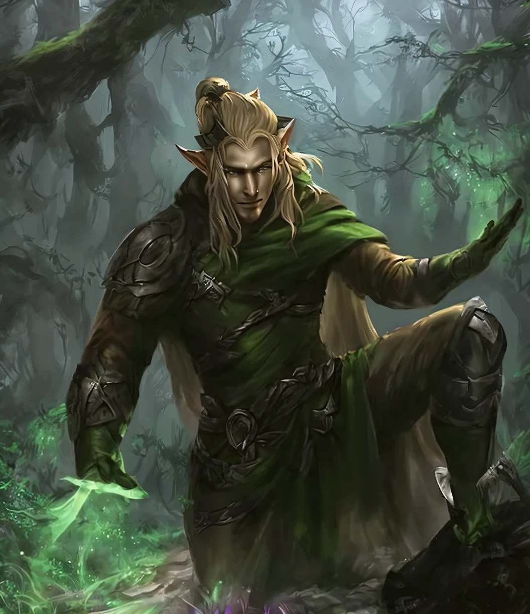 um homem com roupa verde segurando uma espada em uma floresta, elfo ranger masculino, de um elfo do anel Elden, um elfo masculino, elfo loiro masculino ranger, retrato de um mago da floresta, elfo macho, a portrait of um elfo masculino, elfo da floresta masculino ladino, druida tiefling sedutor, elfo centrado, elven blond male warrior, druida tiefling atraente