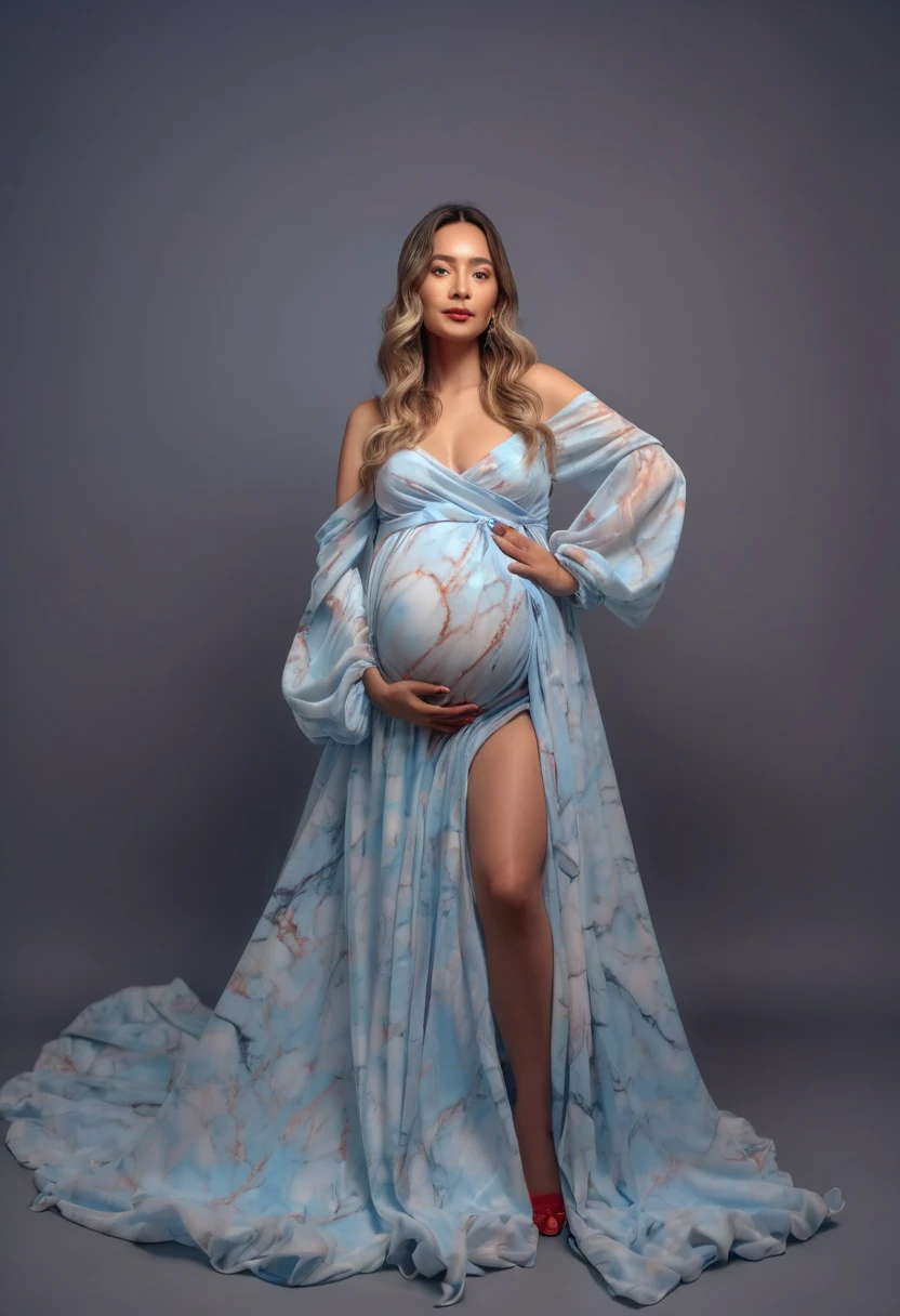 indoor photography , high detailed , 4k , cinematic light , ultra high quality , pregnant woman in a red dress posing for a photo, full body photoshoot, beautiful full body shot in red marble dress, marble paper dress , colorful dress , photo studio shot , blue  light backdrop
